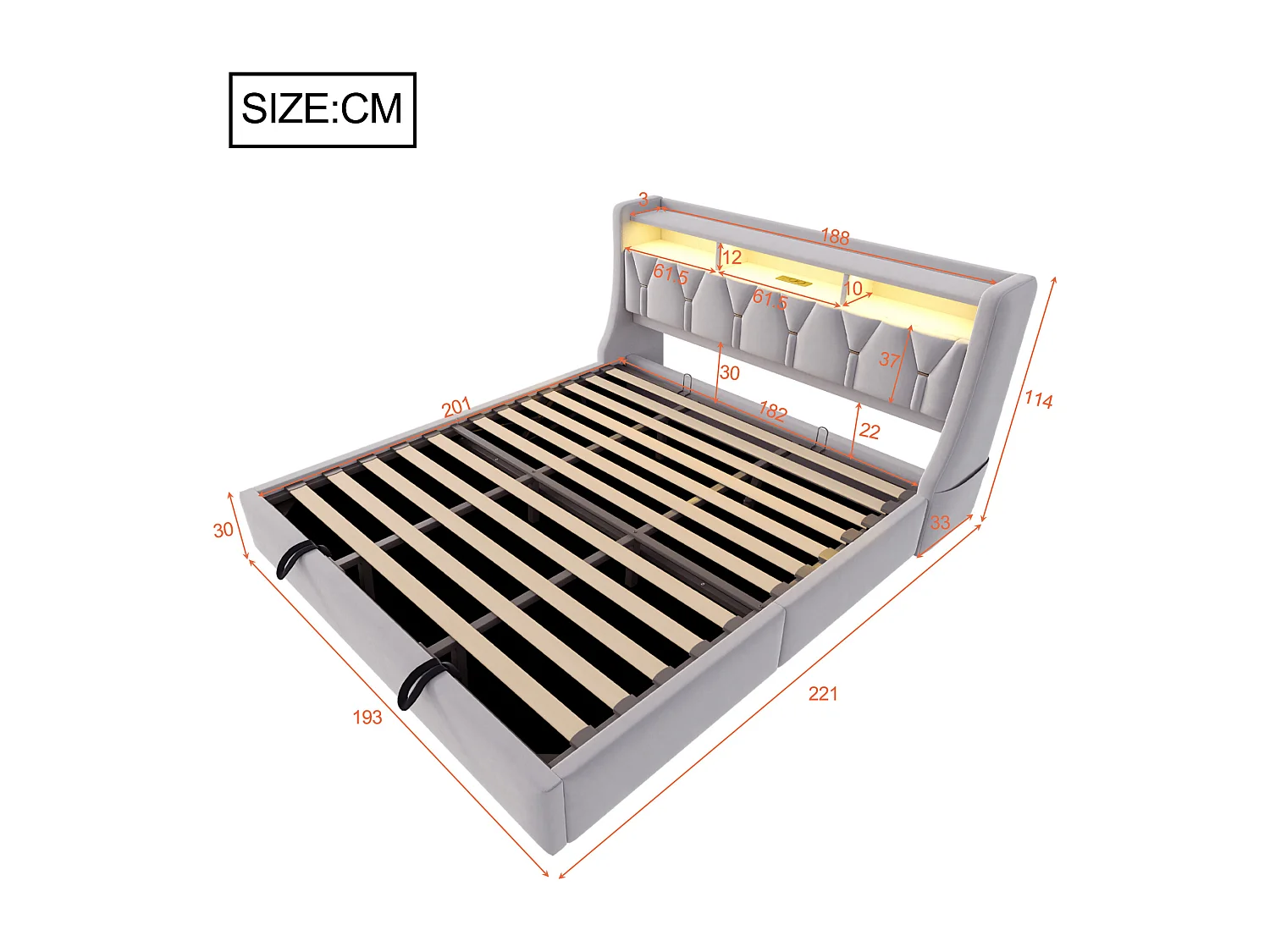 Lit coffre capitonné 180 x 200 cm - Tête de lit rabattable - avec prise électrique - avec éclairage LED - Velours - Gris clair (matelas non inclus)