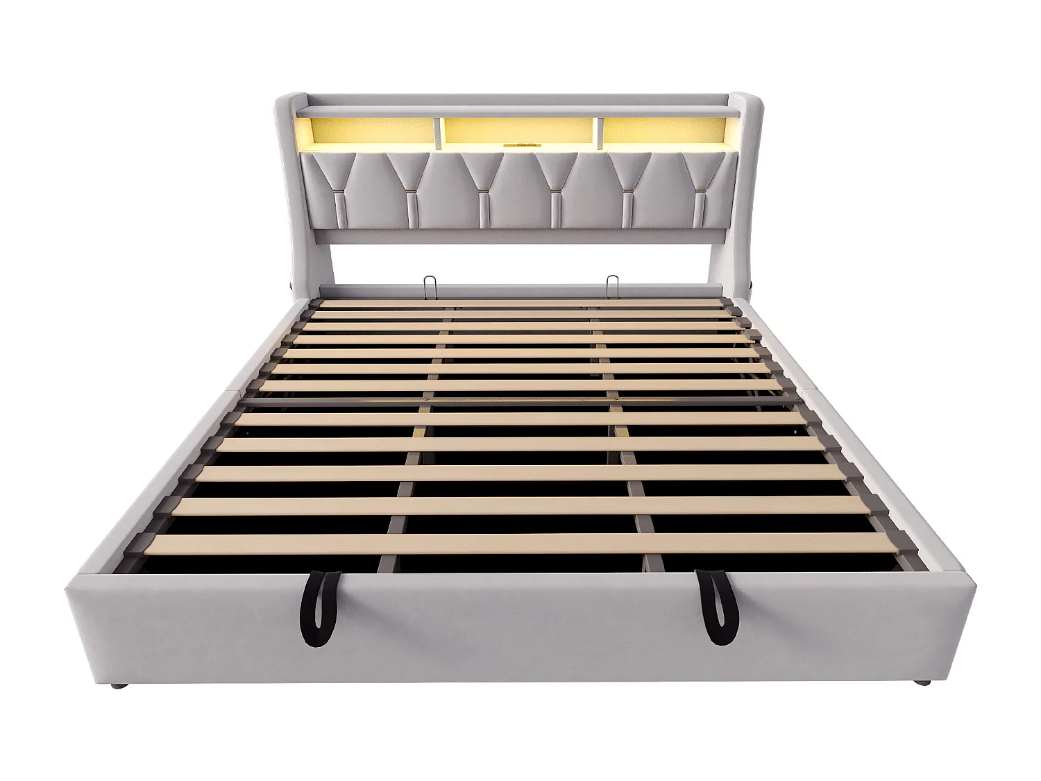 Lit coffre capitonné 180 x 200 cm - Tête de lit rabattable - avec prise électrique - avec éclairage LED - Velours - Gris clair (matelas non inclus)