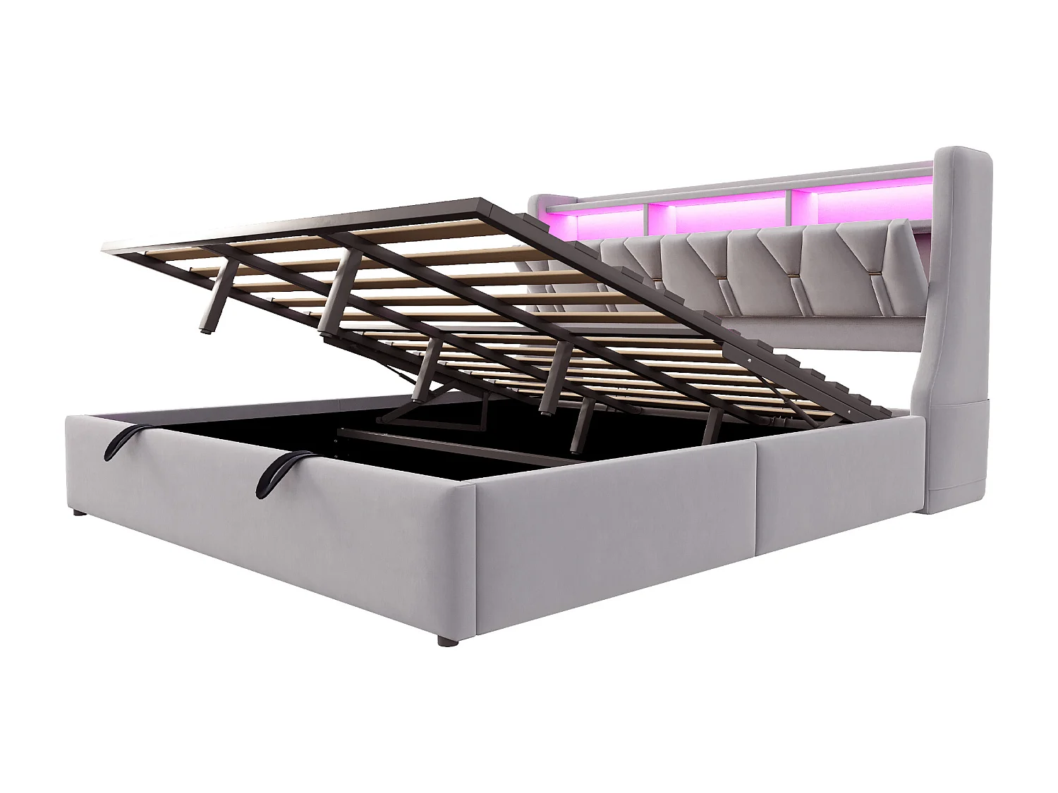 Lit coffre capitonné 180 x 200 cm - Tête de lit rabattable - avec prise électrique - avec éclairage LED - Velours - Gris clair (matelas non inclus)