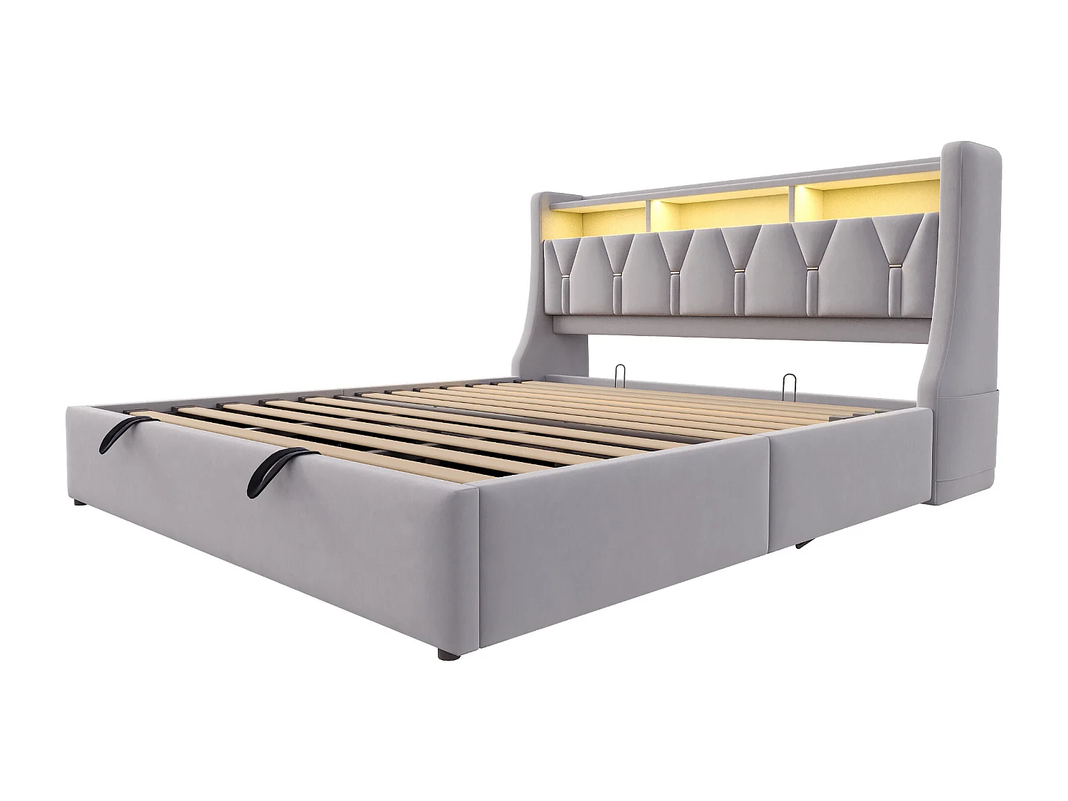 Lit coffre capitonné 180 x 200 cm - Tête de lit rabattable - avec prise électrique - avec éclairage LED - Velours - Gris clair (matelas non inclus)
