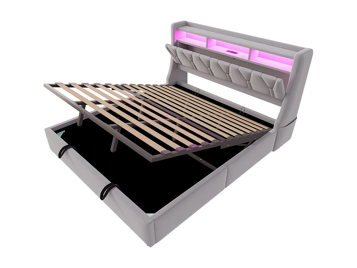 Lit coffre capitonné 180 x 200 cm - Tête de lit rabattable - avec prise électrique - avec éclairage LED - Velours - Gris clair (matelas non inclus)