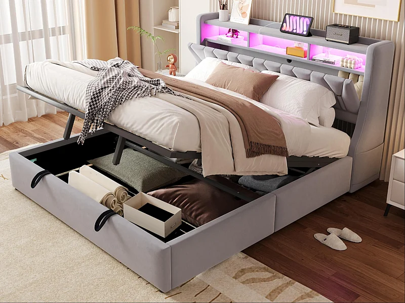 Lit coffre capitonné 180 x 200 cm - Tête de lit rabattable - avec prise électrique - avec éclairage LED - Velours - Gris clair (matelas non inclus)