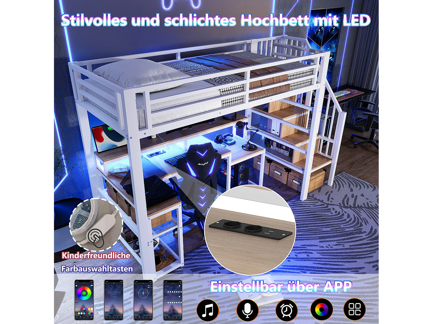 Lit mezzanine enfant - 90 x 200 cm - structure en fer - avec étagère + escalier de rangement + Leds + bureau + USB - métal - blanc