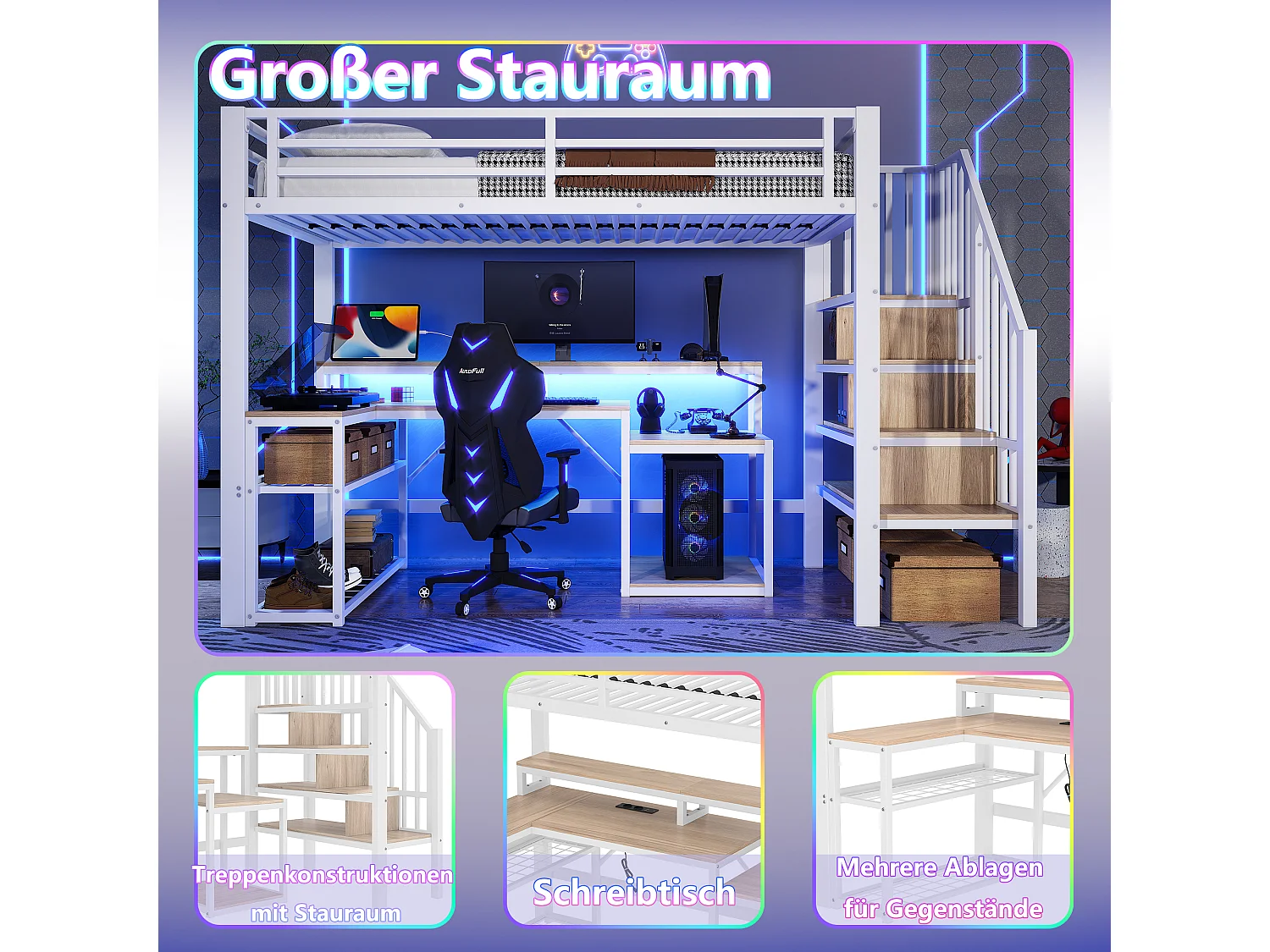 Lit mezzanine enfant - 90 x 200 cm - structure en fer - avec étagère + escalier de rangement + Leds + bureau + USB - métal - blanc