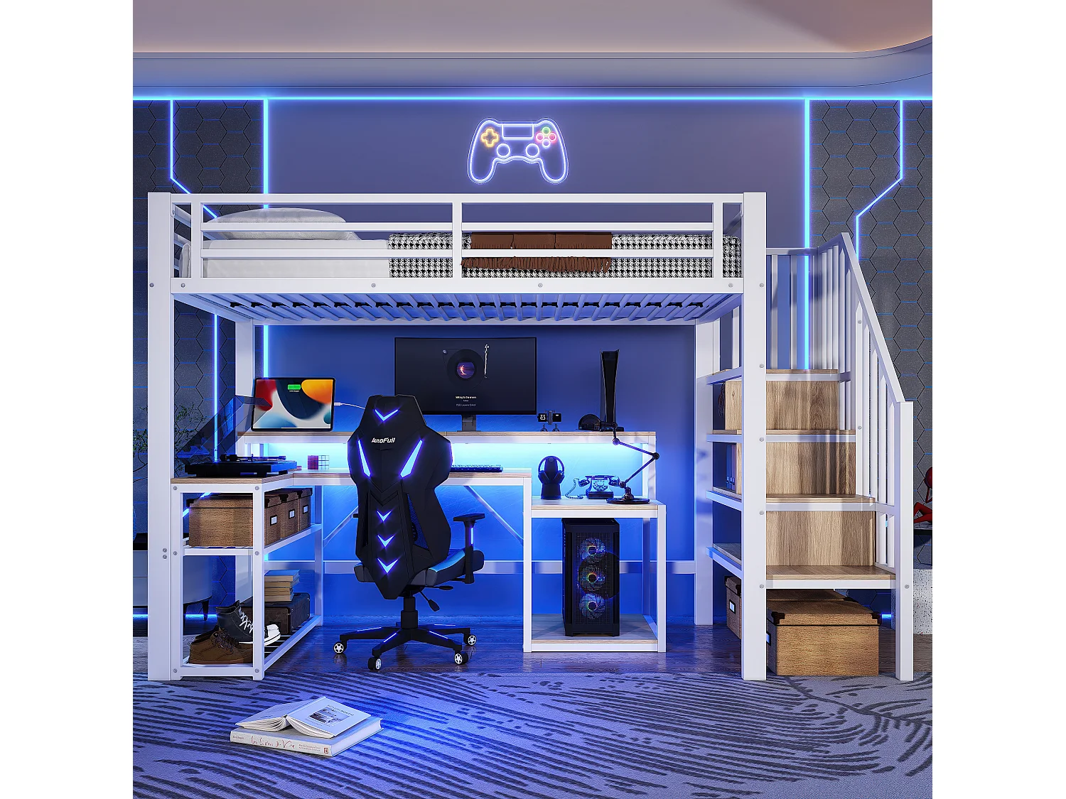 Lit mezzanine enfant - 90 x 200 cm - structure en fer - avec étagère + escalier de rangement + Leds + bureau + USB - métal - blanc