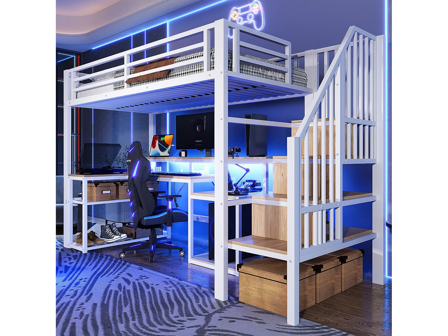 Lit mezzanine enfant - 90 x 200 cm - structure en fer - avec étagère + escalier de rangement + Leds + bureau + USB - métal - blanc