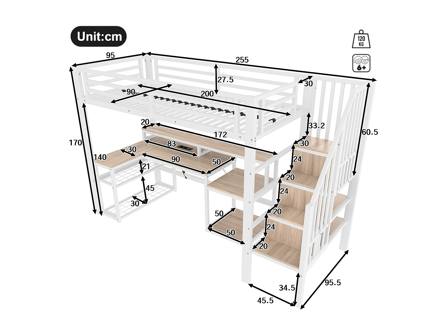 Lit mezzanine enfant - 90 x 200 cm - structure en fer - avec étagère + escalier de rangement + Leds + bureau + USB - métal - blanc