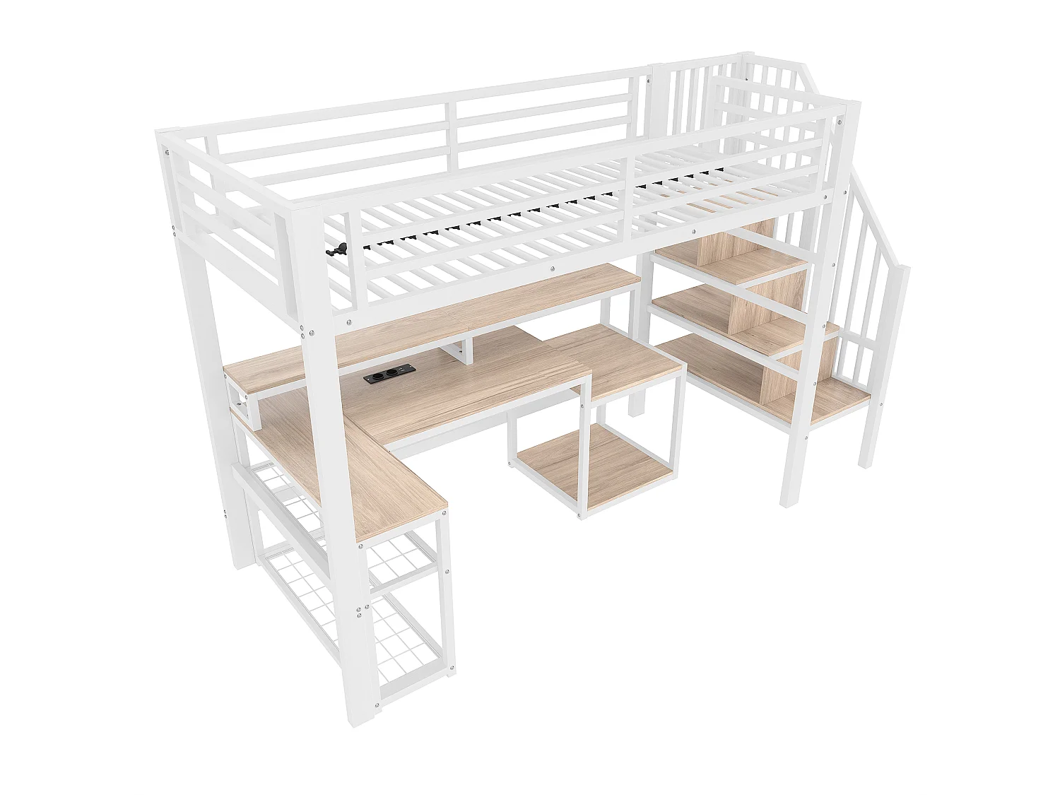 Lit mezzanine enfant - 90 x 200 cm - structure en fer - avec étagère + escalier de rangement + Leds + bureau + USB - métal - blanc