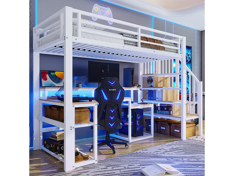 Lit mezzanine enfant - 90 x 200 cm - structure en fer - avec étagère + escalier de rangement + Leds + bureau + USB - métal - blanc