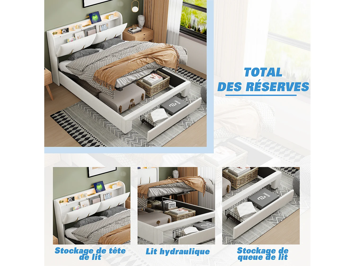 Lit double 160x200cm - Tête de lit avec LED et ports USB - Coffre de rangement hydraulique et 1 tiroir - Velours - Beige