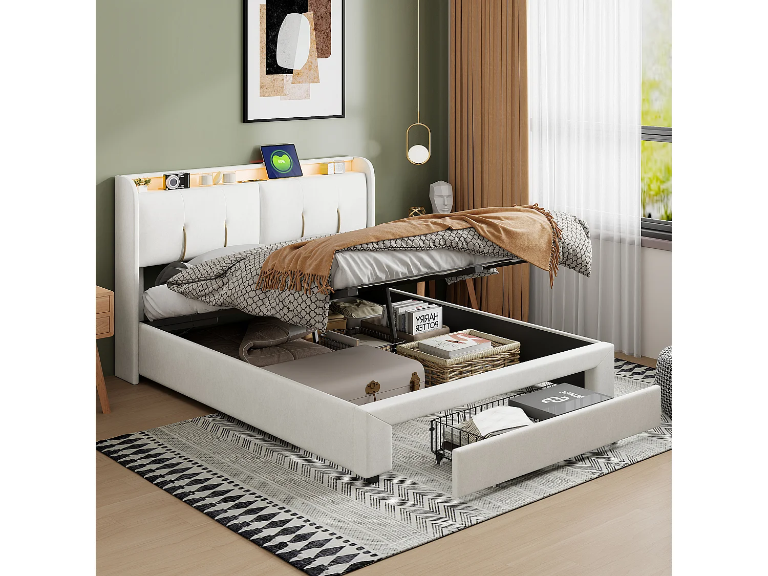 Lit double 160x200cm - Tête de lit avec LED et ports USB - Coffre de rangement hydraulique et 1 tiroir - Velours - Beige