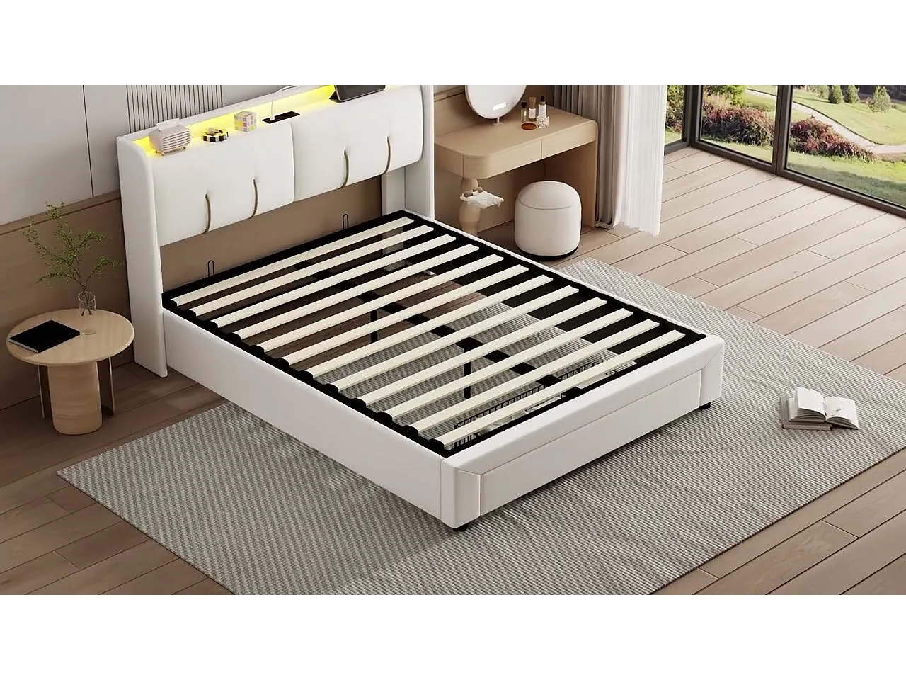 Lit double 160x200cm - Tête de lit avec LED et ports USB - Coffre de rangement hydraulique et 1 tiroir - Velours - Beige