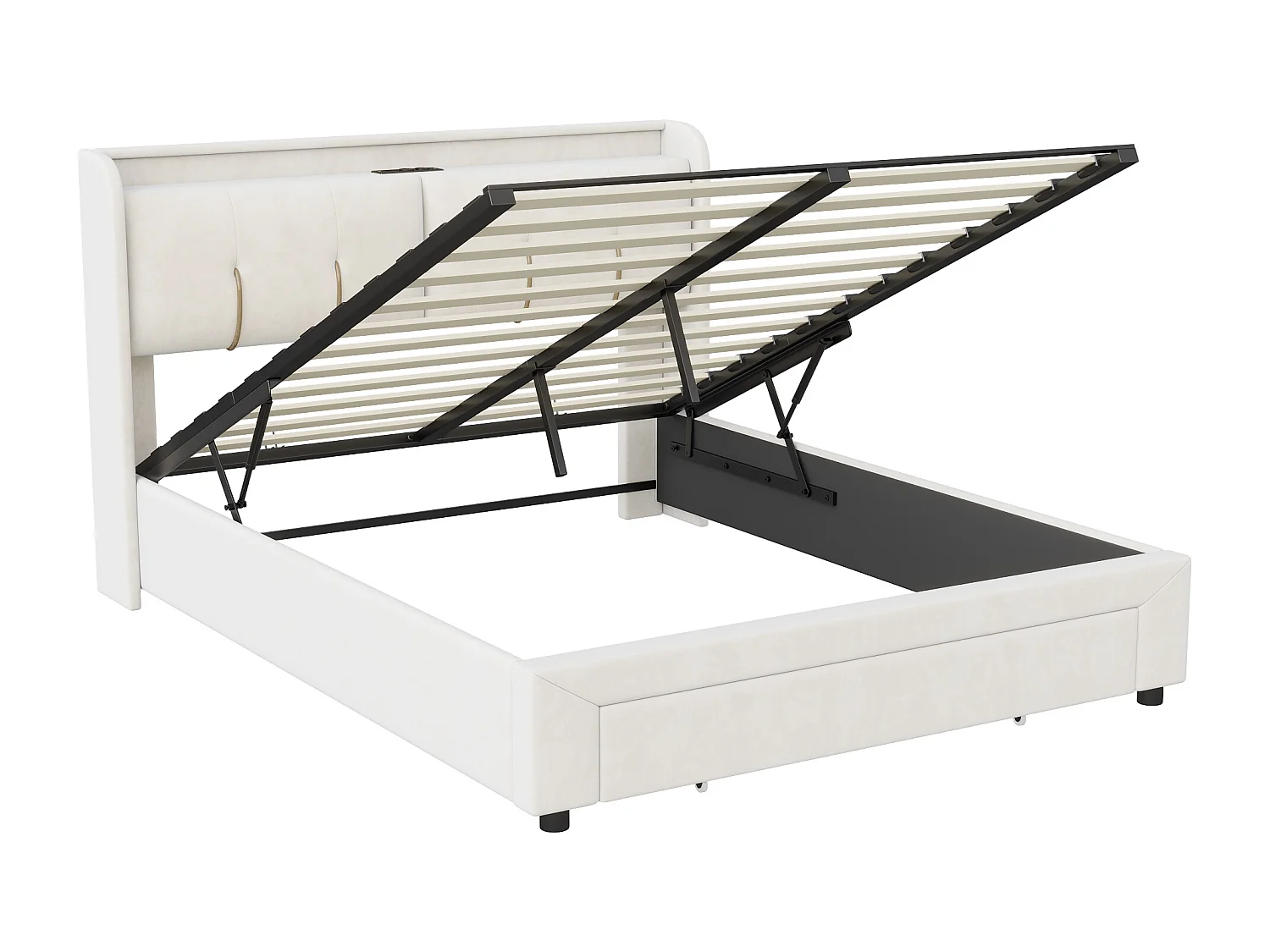 Lit double 160x200cm - Tête de lit avec LED et ports USB - Coffre de rangement hydraulique et 1 tiroir - Velours - Beige