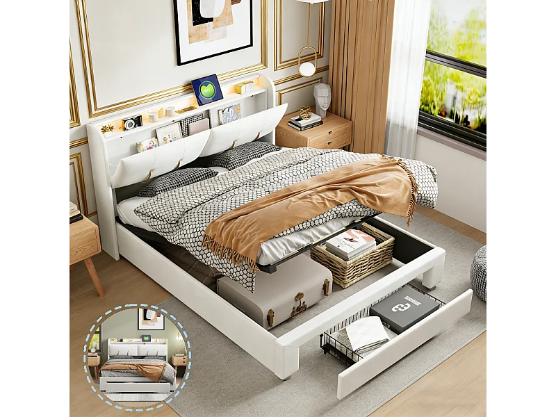 Lit double 160x200cm - Tête de lit avec LED et ports USB - Coffre de rangement hydraulique et 1 tiroir - Velours - Beige