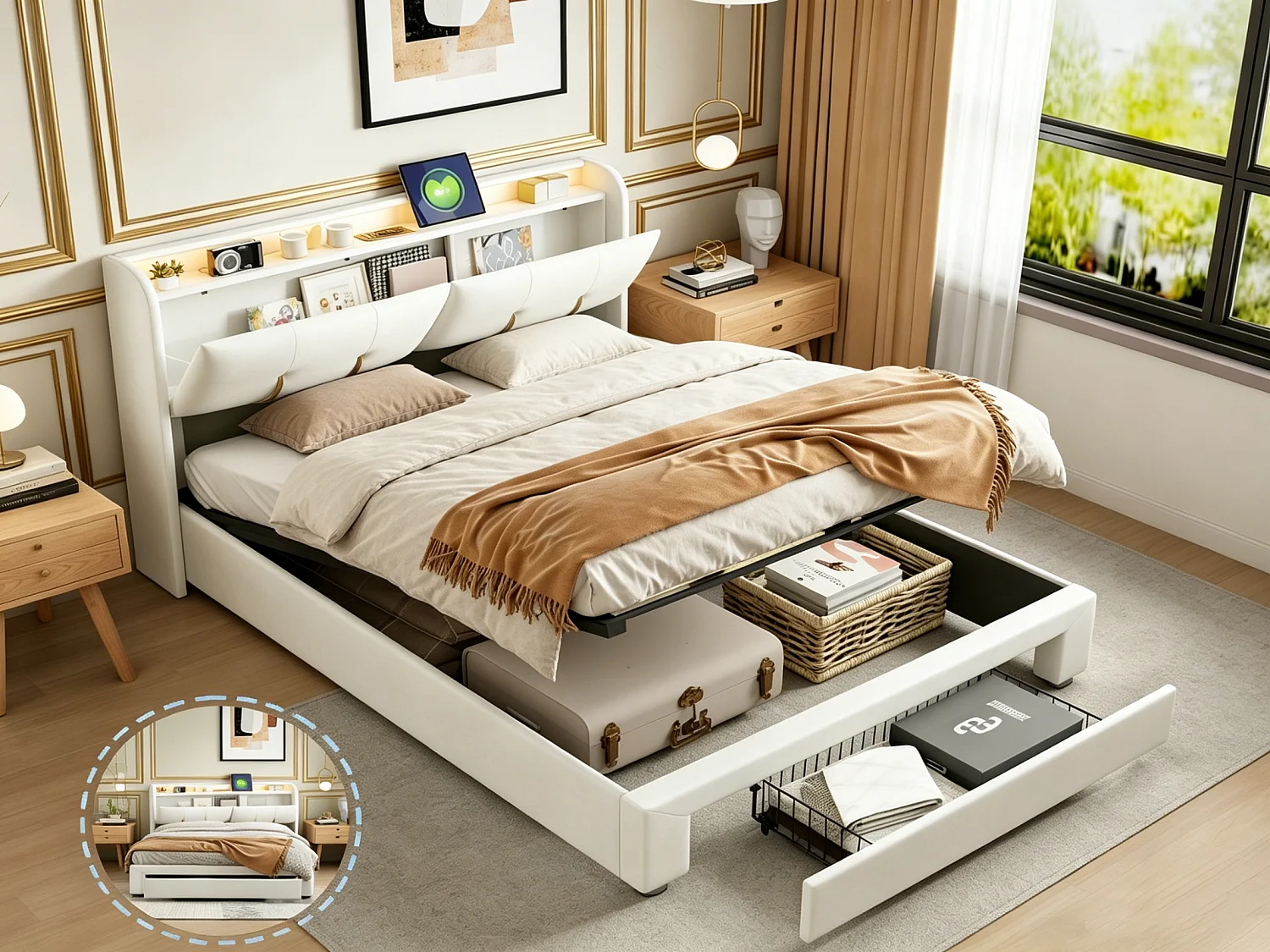 Lit double 160x200cm - Tête de lit avec LED et ports USB - Coffre de rangement hydraulique et 1 tiroir - Velours - Beige
