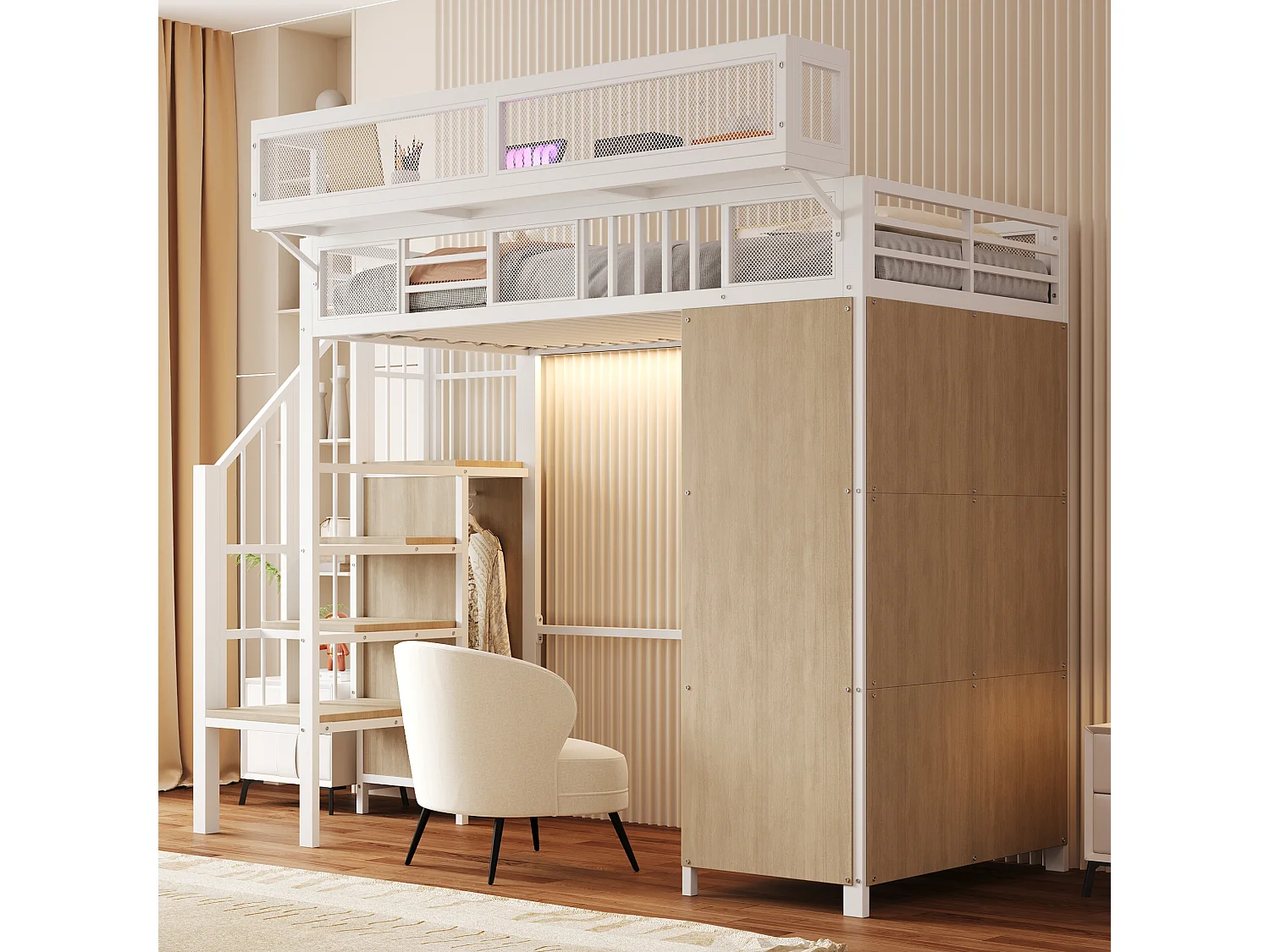 Letto a soppalco in metallo 90 x 200 cm - Con armadio, illuminazione a LED e sponde in rete - Bianco e naturale chiaro