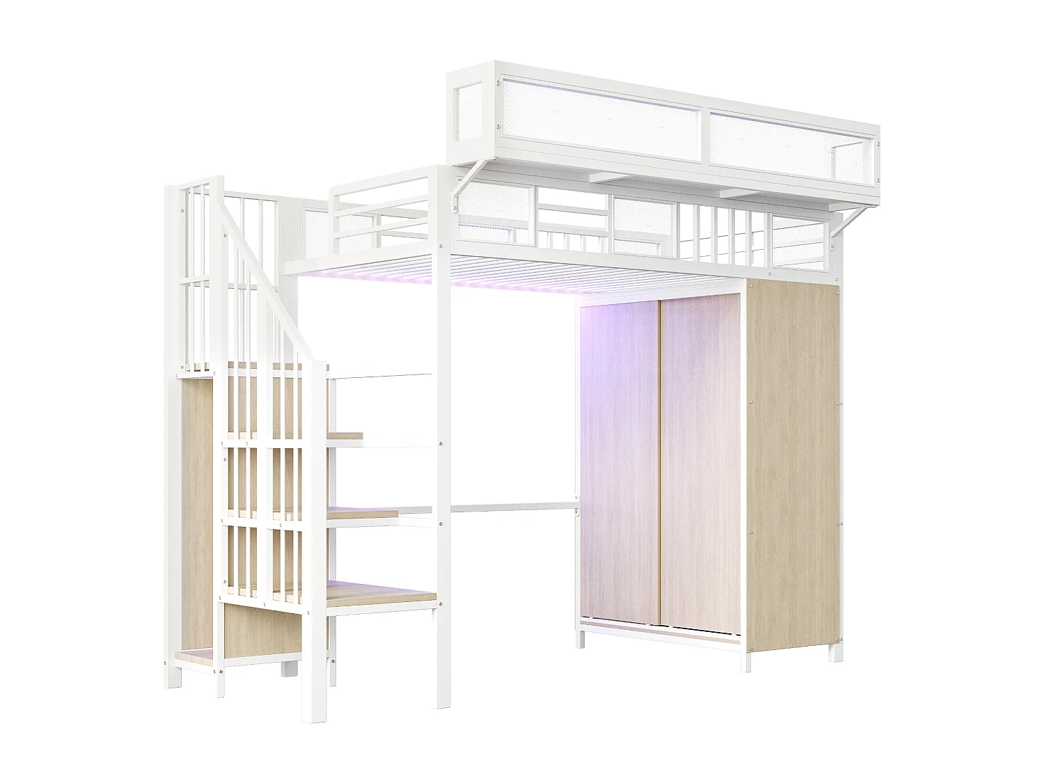 Letto a soppalco in metallo 90 x 200 cm - Con armadio, illuminazione a LED e sponde in rete - Bianco e naturale chiaro