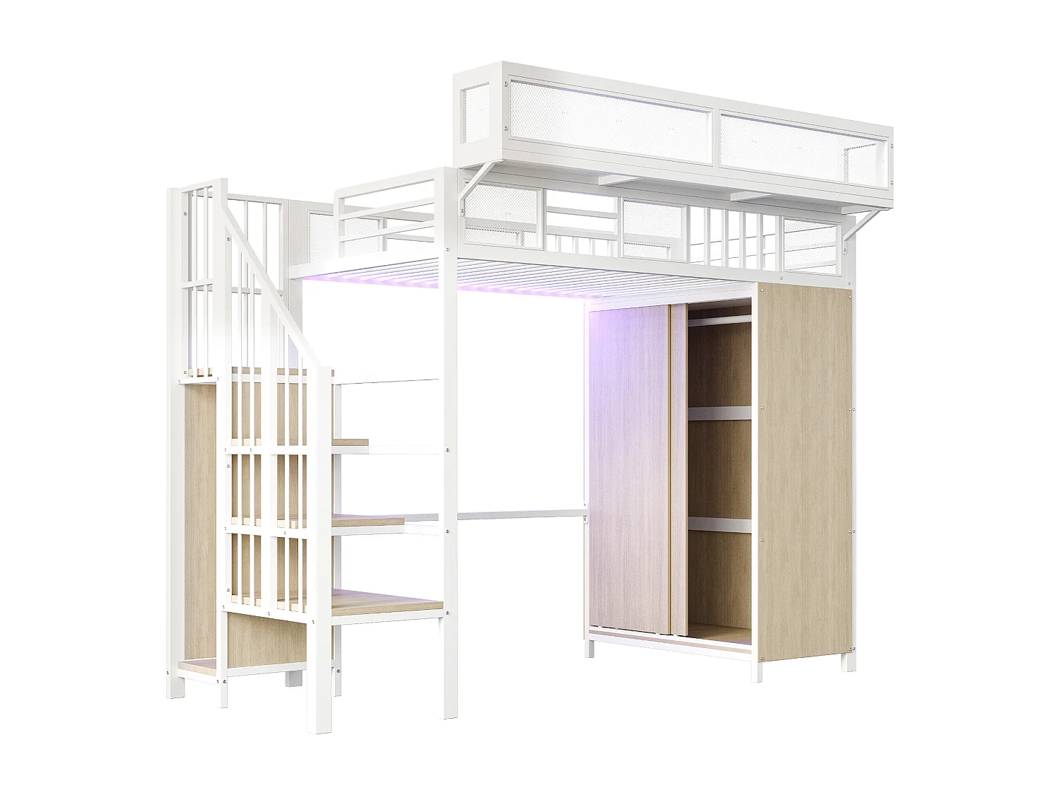 Letto a soppalco in metallo 90 x 200 cm - Con armadio, illuminazione a LED e sponde in rete - Bianco e naturale chiaro