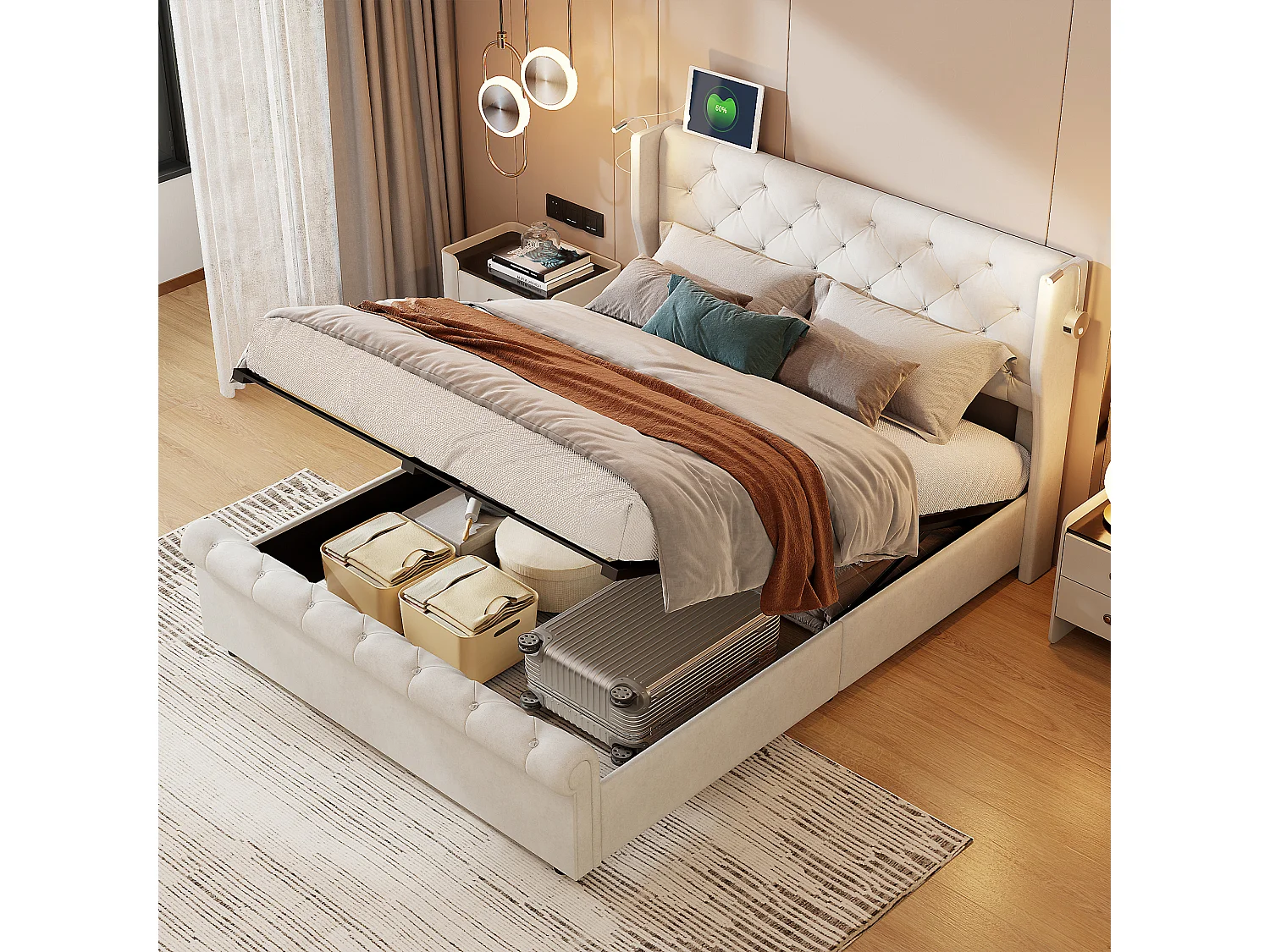 Lit double 140x190 cm - avec lampe de chevet et port USB - avec rangement hydraulique - velours - beige