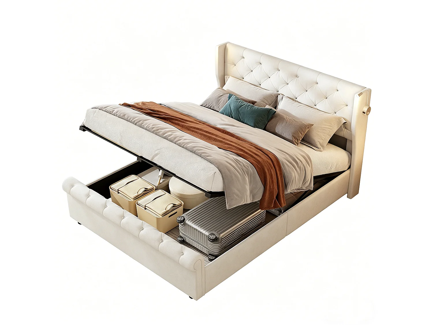 Tweepersoonsbed 140x190 cm - met nachtlampje en USB-aansluiting - met hydraulische opbergruimte - fluweel - beige