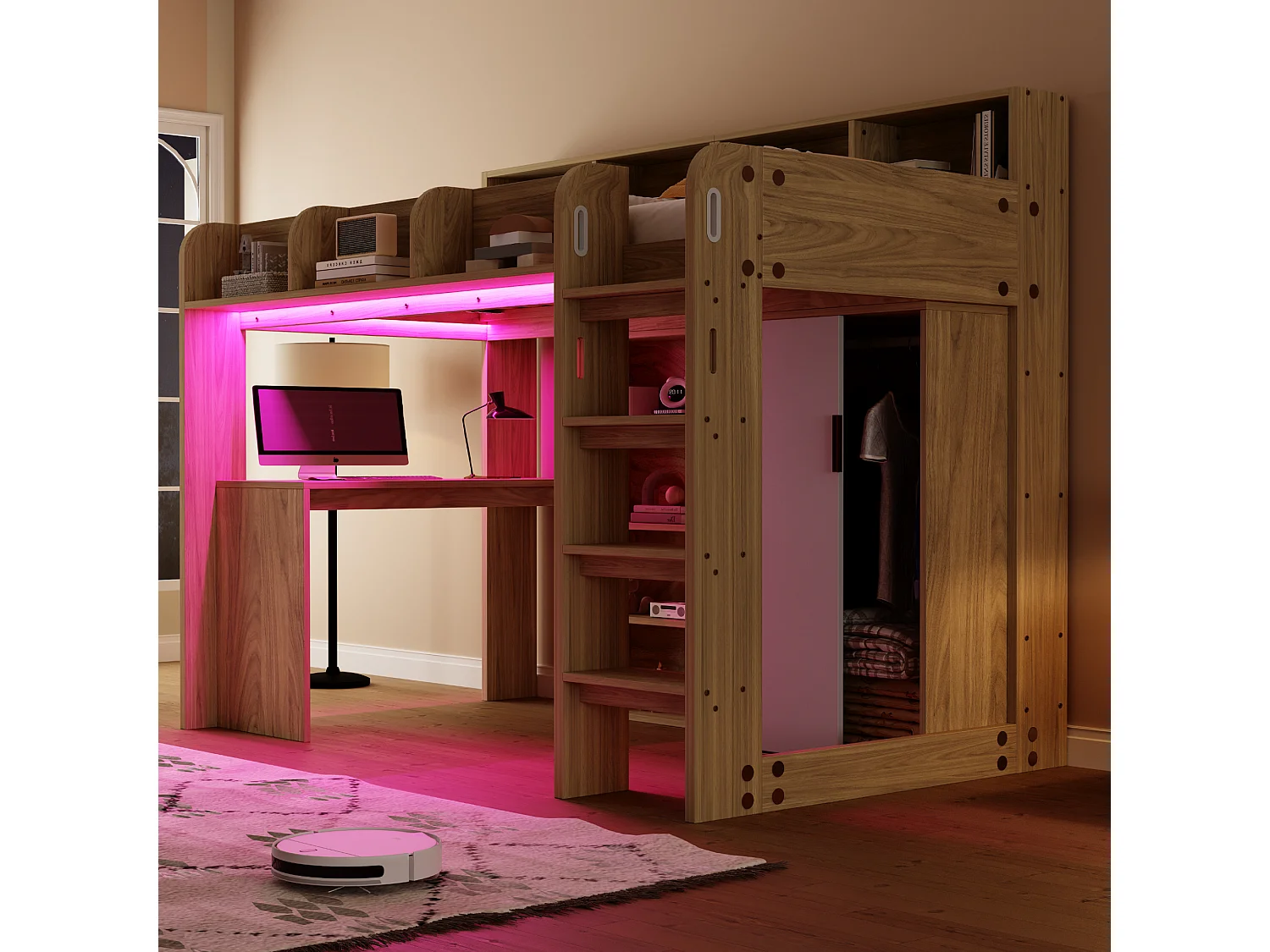 Lit mezzanine pour enfant - 90 x 200 cm - avec bureau + armoire + meuble de rangement + Leds - MDF + aggloméré - naturel