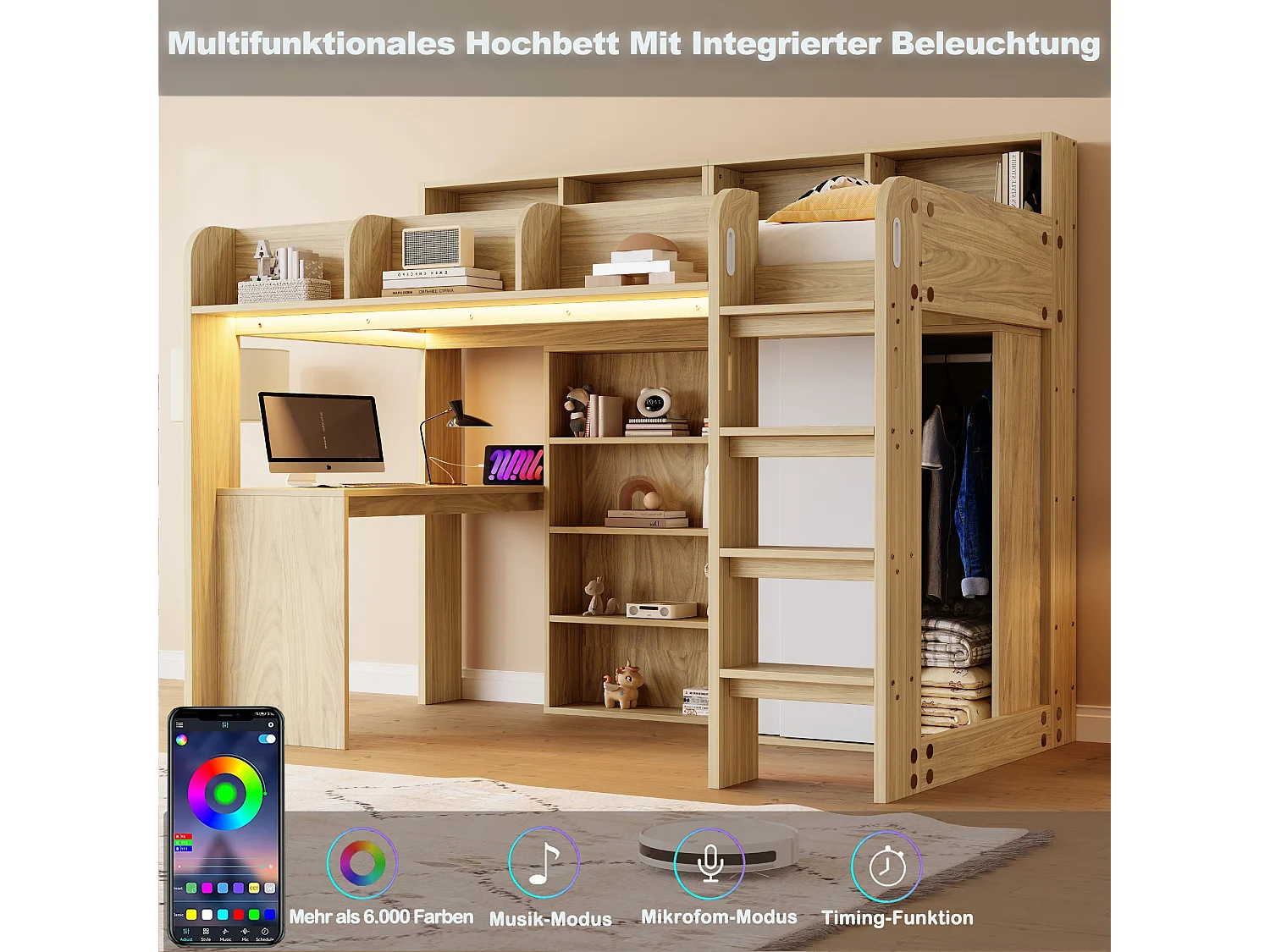 Lit mezzanine pour enfant - 90 x 200 cm - avec bureau + armoire + meuble de rangement + Leds - MDF + aggloméré - naturel