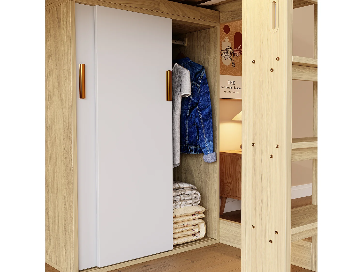 Lit mezzanine pour enfant - 90 x 200 cm - avec bureau + armoire + meuble de rangement + Leds - MDF + aggloméré - naturel