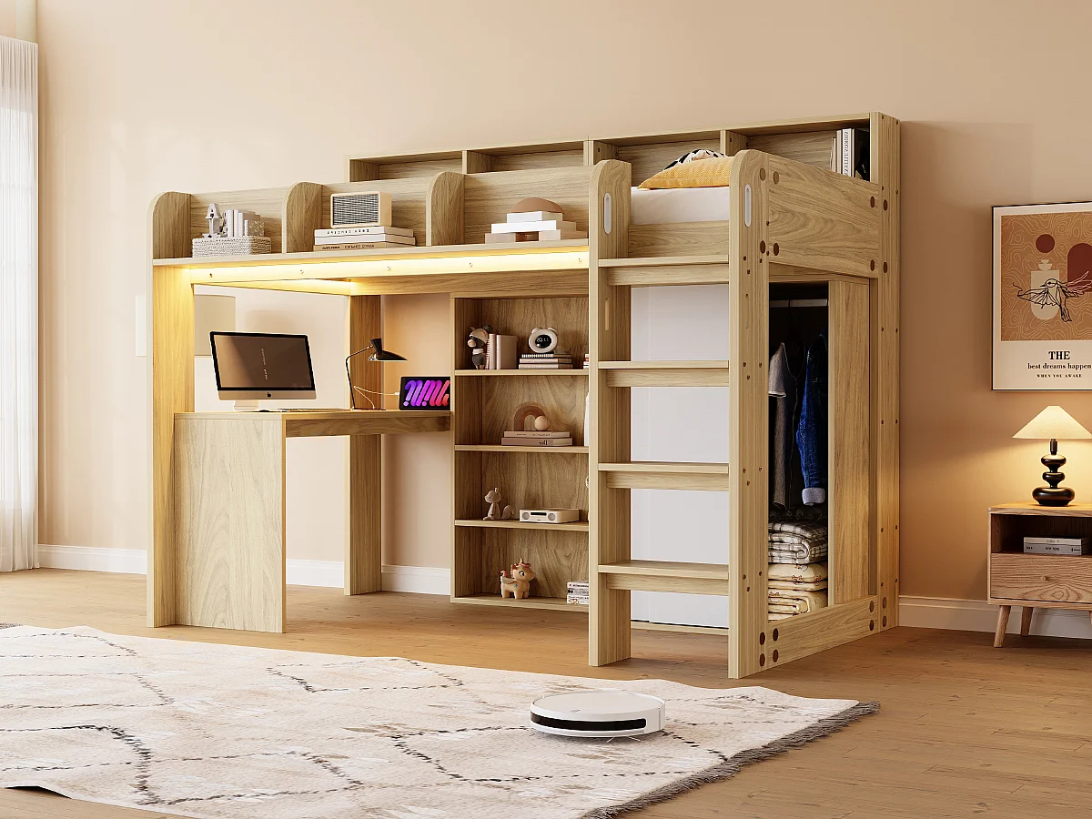 Lit mezzanine pour enfant - 90 x 200 cm - avec bureau + armoire + meuble de rangement + Leds - MDF + aggloméré - naturel