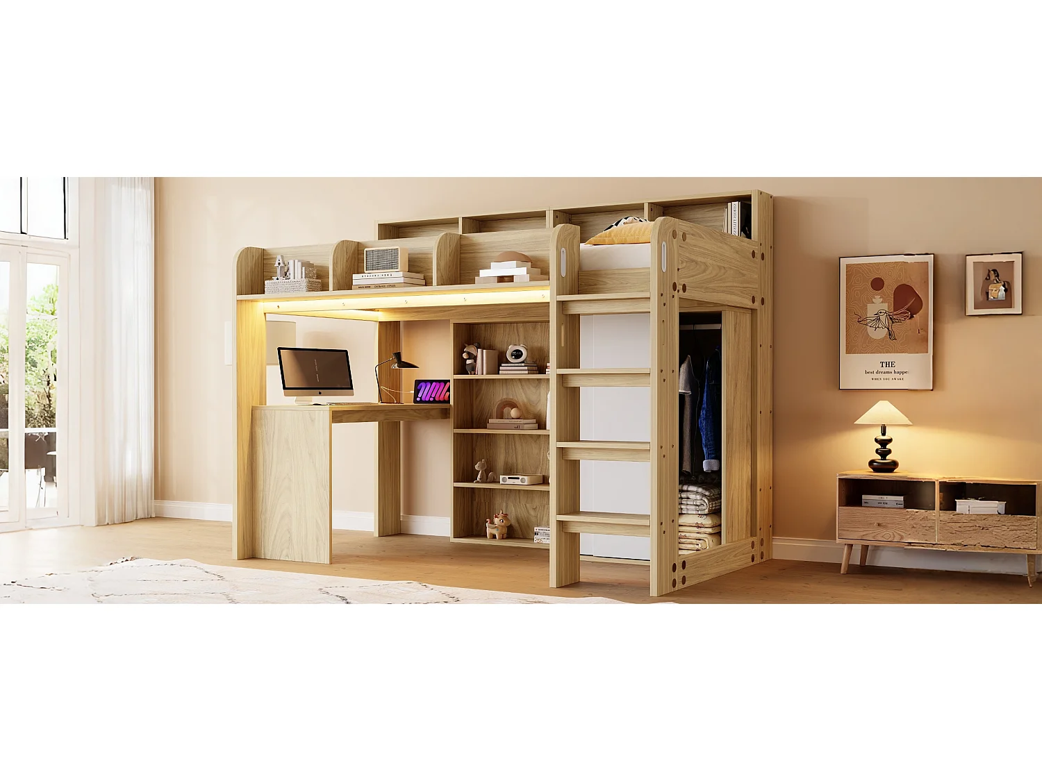 Lit mezzanine pour enfant - 90 x 200 cm - avec bureau + armoire + meuble de rangement + Leds - MDF + aggloméré - naturel
