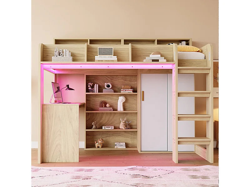 Lit mezzanine pour enfant - 90 x 200 cm - avec bureau + armoire + meuble de rangement + Leds - MDF + aggloméré - naturel