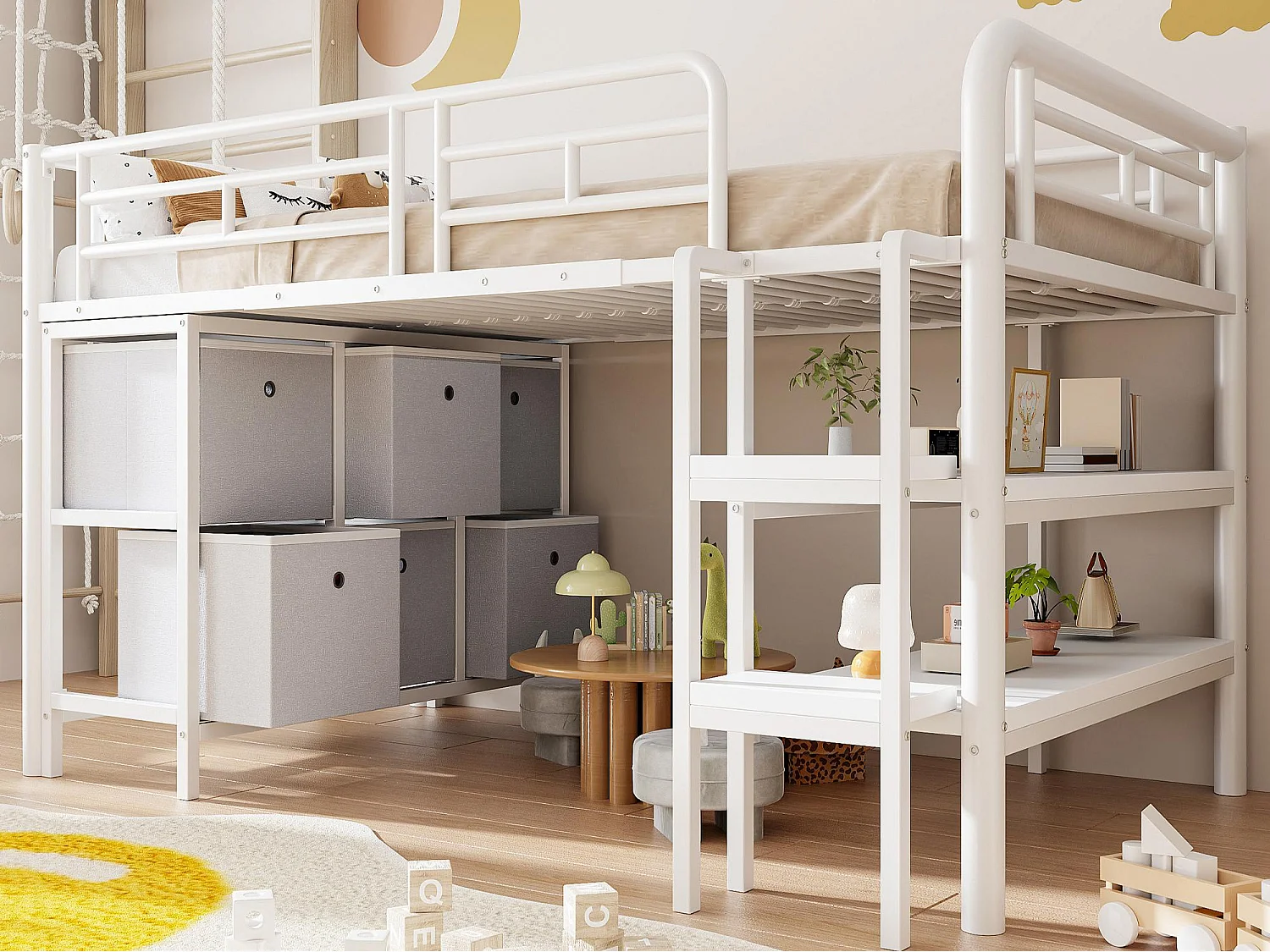 Lit enfant 90x200cm - avec escalier - avec étagères - avec compartiments de rangement - Blanc (matelas non inclus)