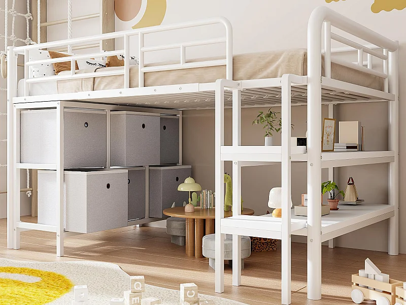 Lit enfant 90x200cm - avec escalier - avec étagères - avec compartiments de rangement - Blanc (matelas non inclus)