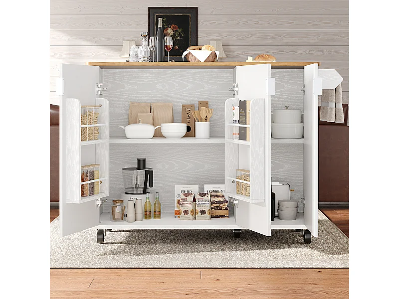 Îlot central de cuisine avec 3 portes- Desserte en bois MDF - Blanc et naturel clair