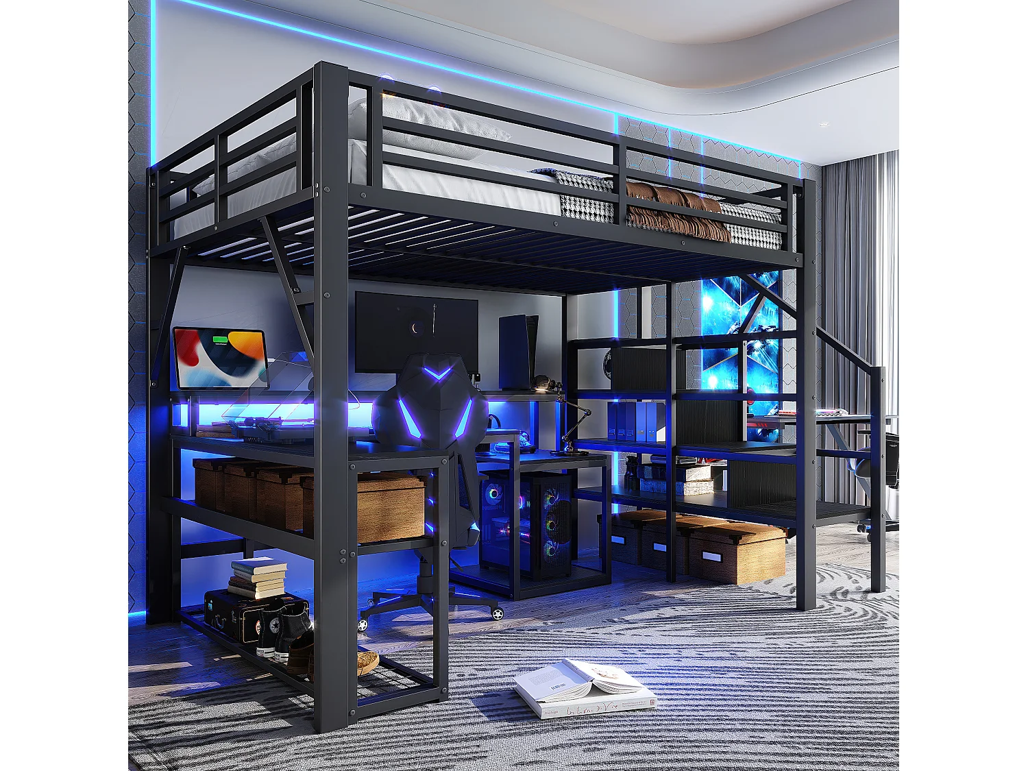 Lit mezzanine enfant - 140 x 200 cm - structure en fer - avec étagère + escalier de rangement + Leds + bureau + USB - métal - noir