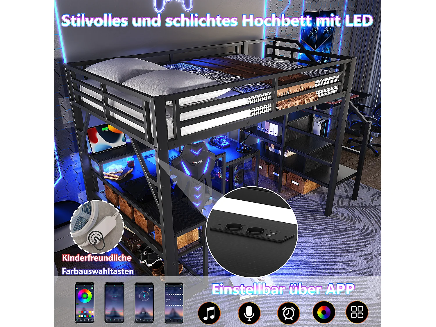 Lit mezzanine enfant - 140 x 200 cm - structure en fer - avec étagère + escalier de rangement + Leds + bureau + USB - métal - noir