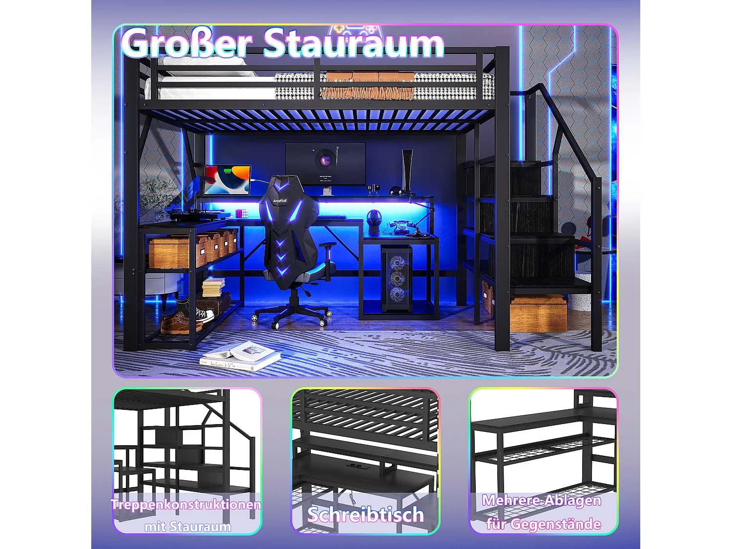 Lit mezzanine enfant - 140 x 200 cm - structure en fer - avec étagère + escalier de rangement + Leds + bureau + USB - métal - noir