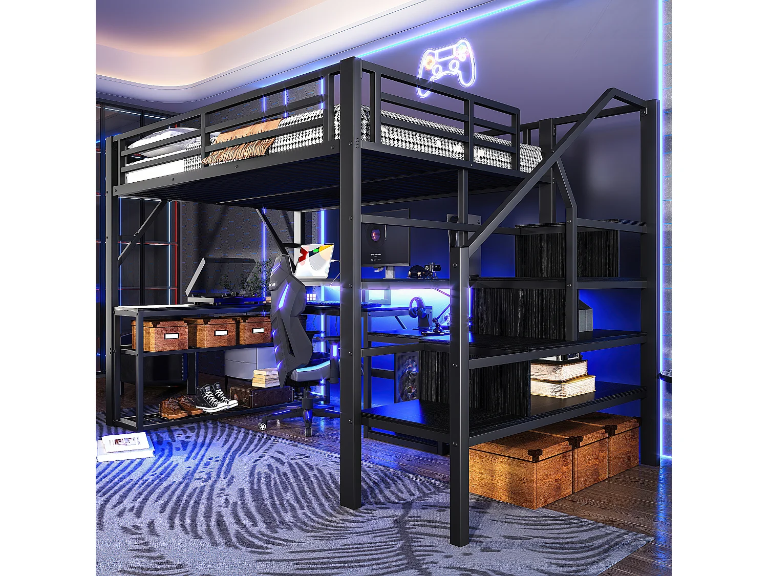 Lit mezzanine enfant - 140 x 200 cm - structure en fer - avec étagère + escalier de rangement + Leds + bureau + USB - métal - noir