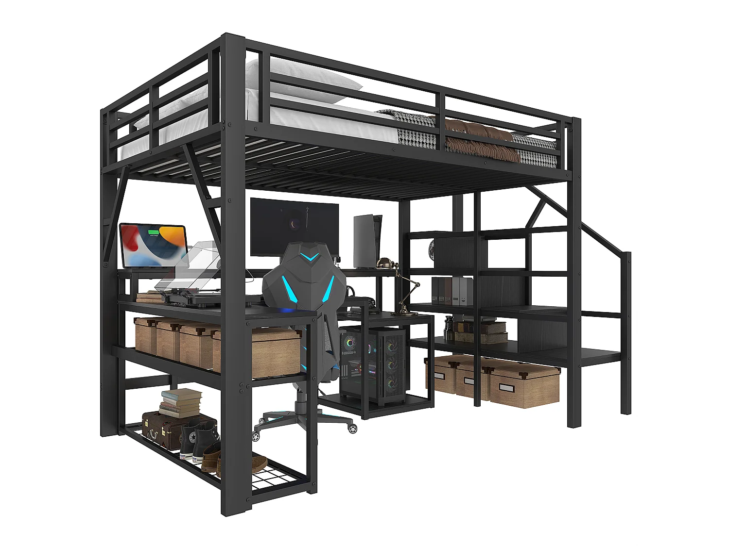 Lit mezzanine enfant - 140 x 200 cm - structure en fer - avec étagère + escalier de rangement + Leds + bureau + USB - métal - noir