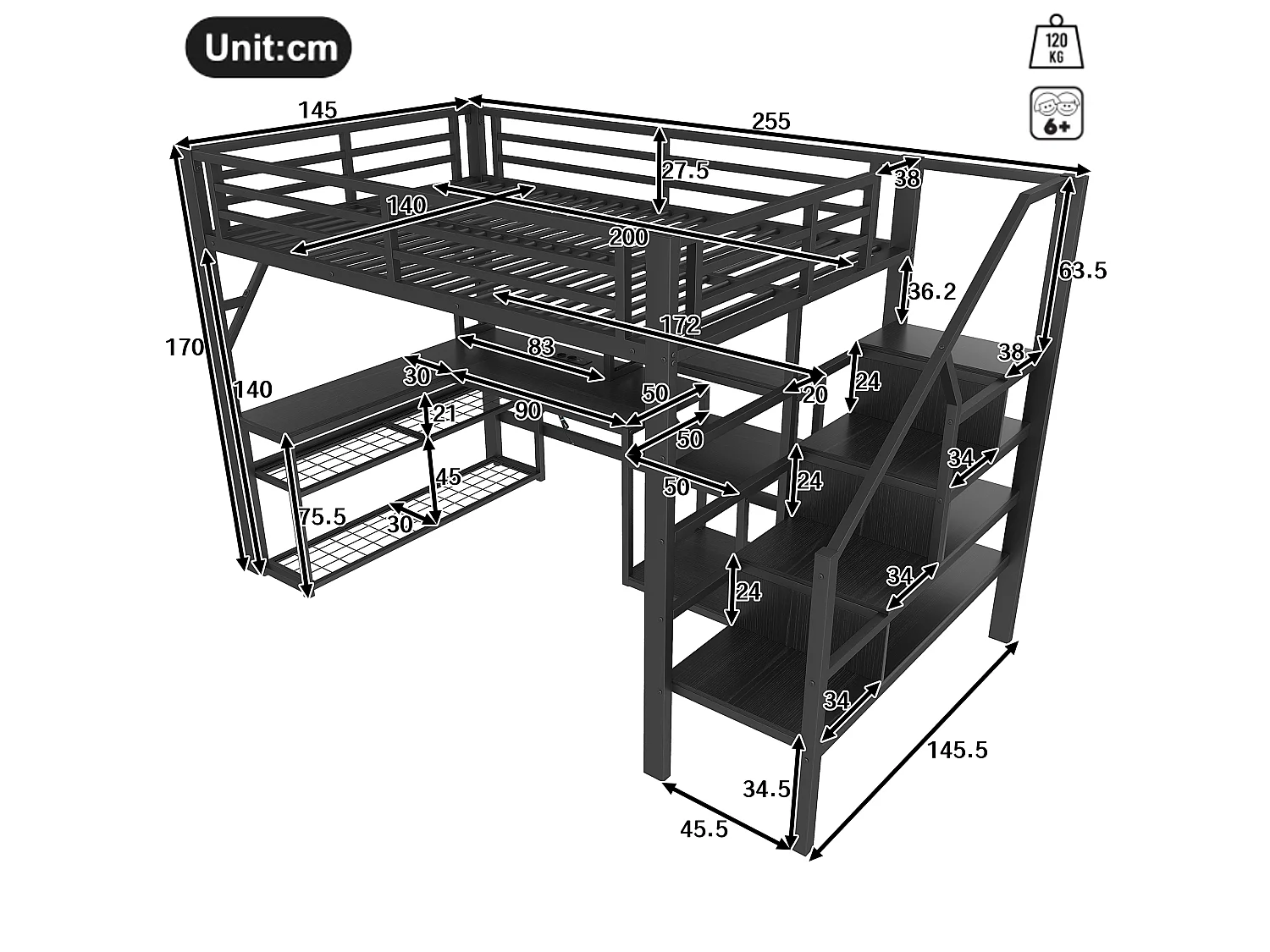 Lit mezzanine enfant - 140 x 200 cm - structure en fer - avec étagère + escalier de rangement + Leds + bureau + USB - métal - noir