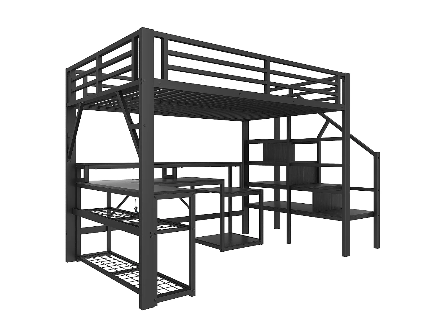 Lit mezzanine enfant - 140 x 200 cm - structure en fer - avec étagère + escalier de rangement + Leds + bureau + USB - métal - noir