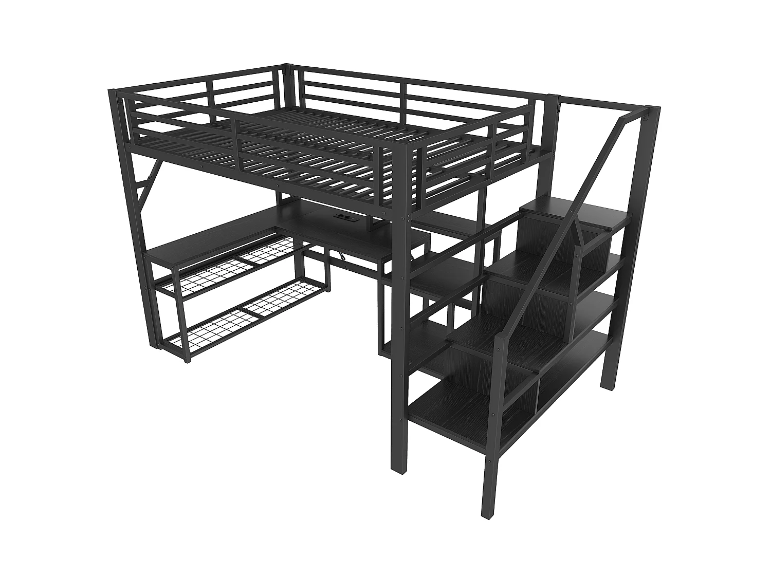 Lit mezzanine enfant - 140 x 200 cm - structure en fer - avec étagère + escalier de rangement + Leds + bureau + USB - métal - noir