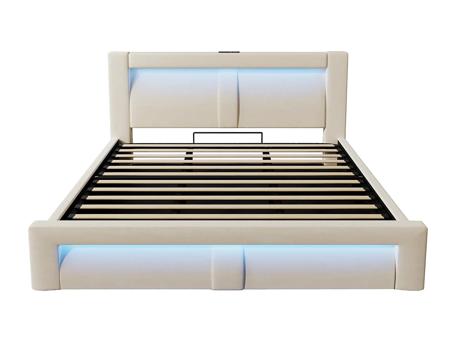 Cama com baú estofada 180x200cm - con iluminação LED - con portas USB e Type-C - veludo - Bege​ (sem colchão)