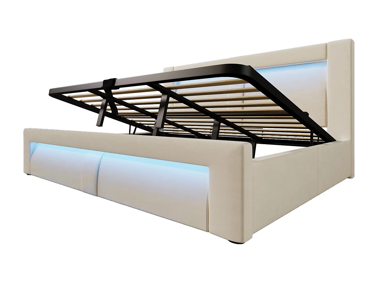 Cama com baú estofada 180x200cm - con iluminação LED - con portas USB e Type-C - veludo - Bege​ (sem colchão)