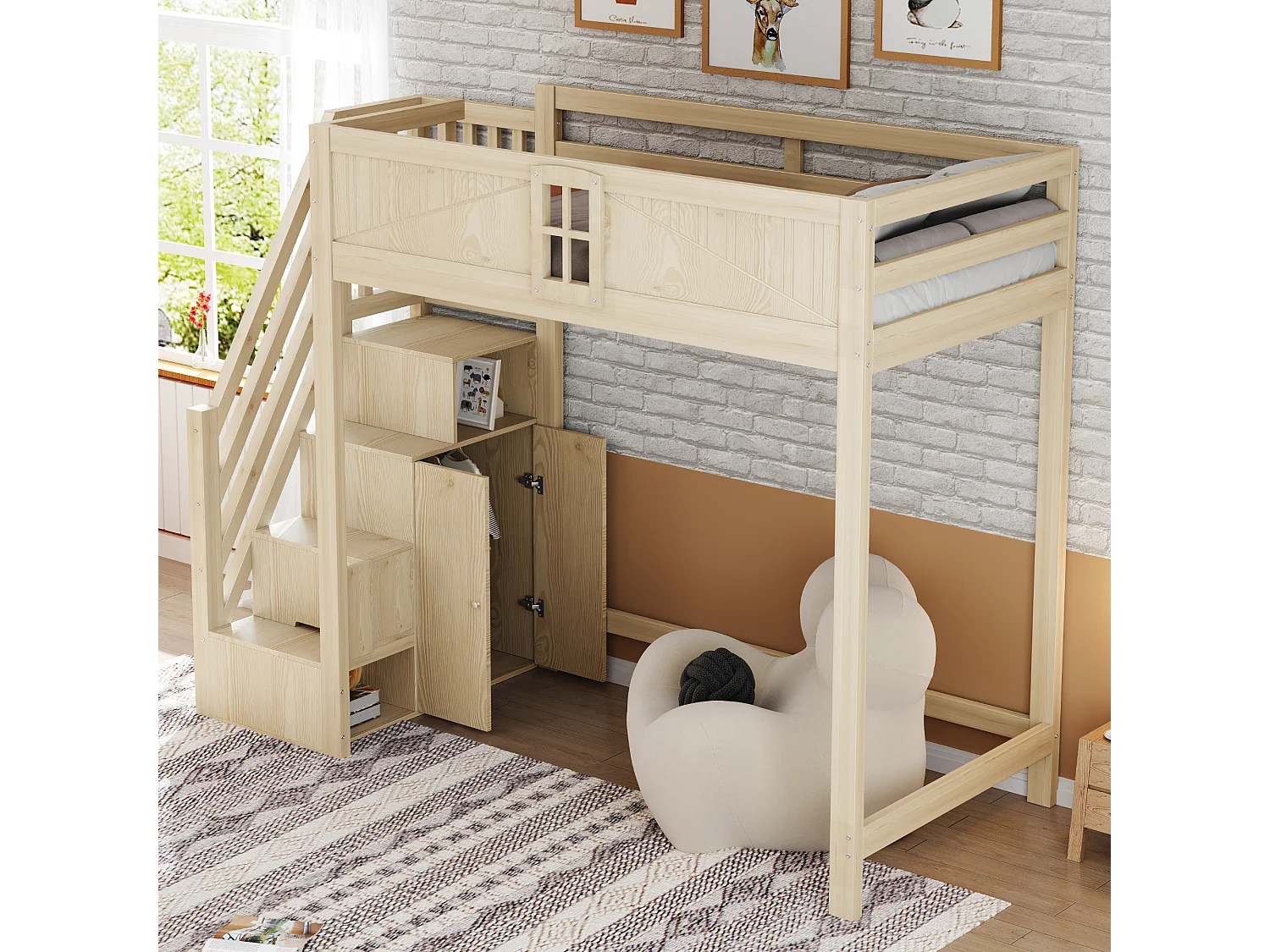 Lit mezzanine 90 x 200 cm - avec échelle de rangement sécurisée - avec barrière de sécurité - naturel (matelas non inclus)