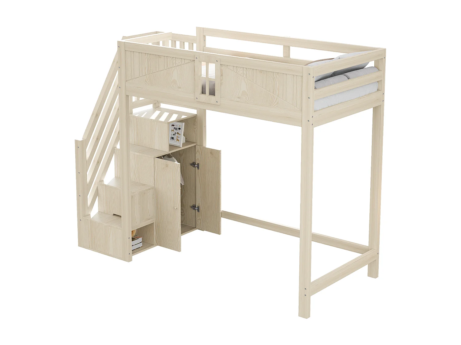 Lit mezzanine 90 x 200 cm - avec échelle de rangement sécurisée - avec barrière de sécurité - naturel (matelas non inclus)