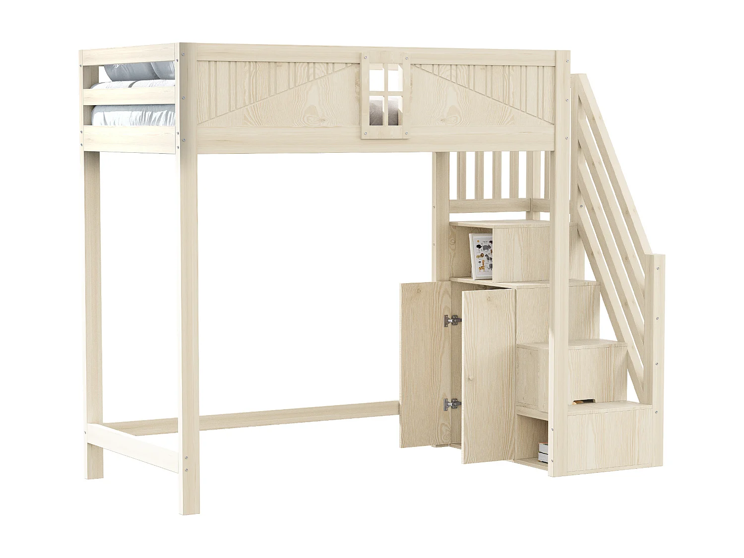 Lit mezzanine 90 x 200 cm - avec échelle de rangement sécurisée - avec barrière de sécurité - naturel (matelas non inclus)