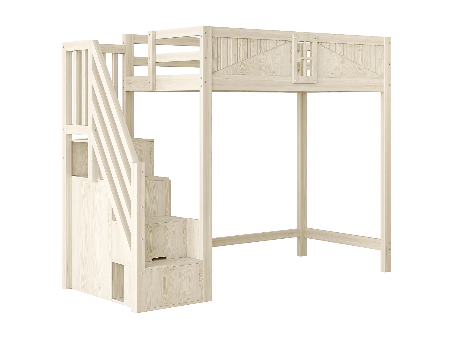 Lit mezzanine 90 x 200 cm - avec échelle de rangement sécurisée - avec barrière de sécurité - naturel (matelas non inclus)