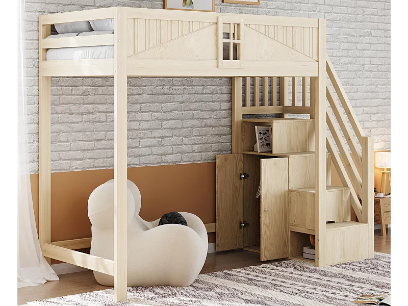 Lit mezzanine 90 x 200 cm - avec échelle de rangement sécurisée - avec barrière de sécurité - naturel (matelas non inclus)