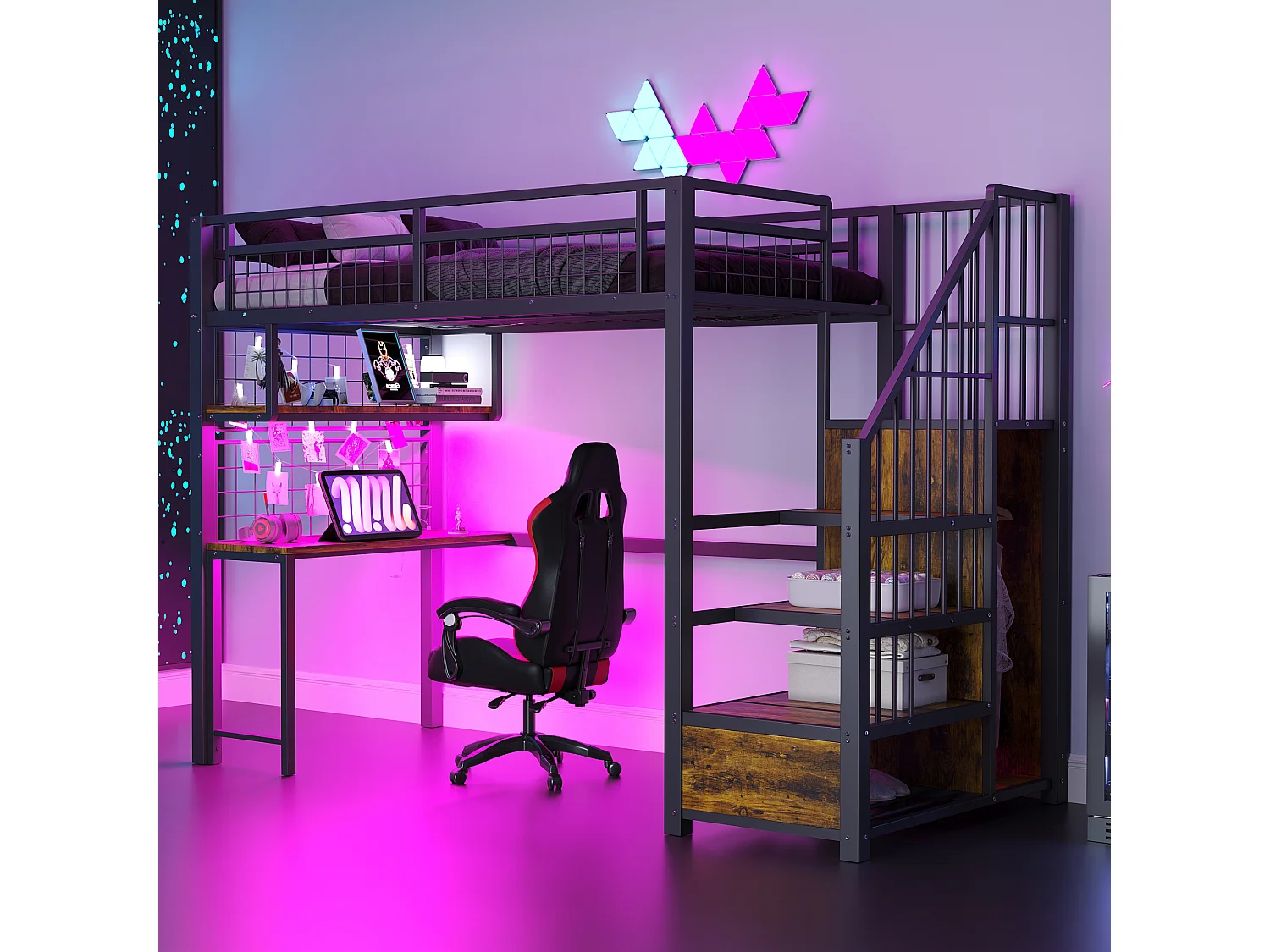 Lit mezzanine en métal - 90 x 200 cm - avec Leds + prise + échelle de rangement + bureau + étagère - métal - noir