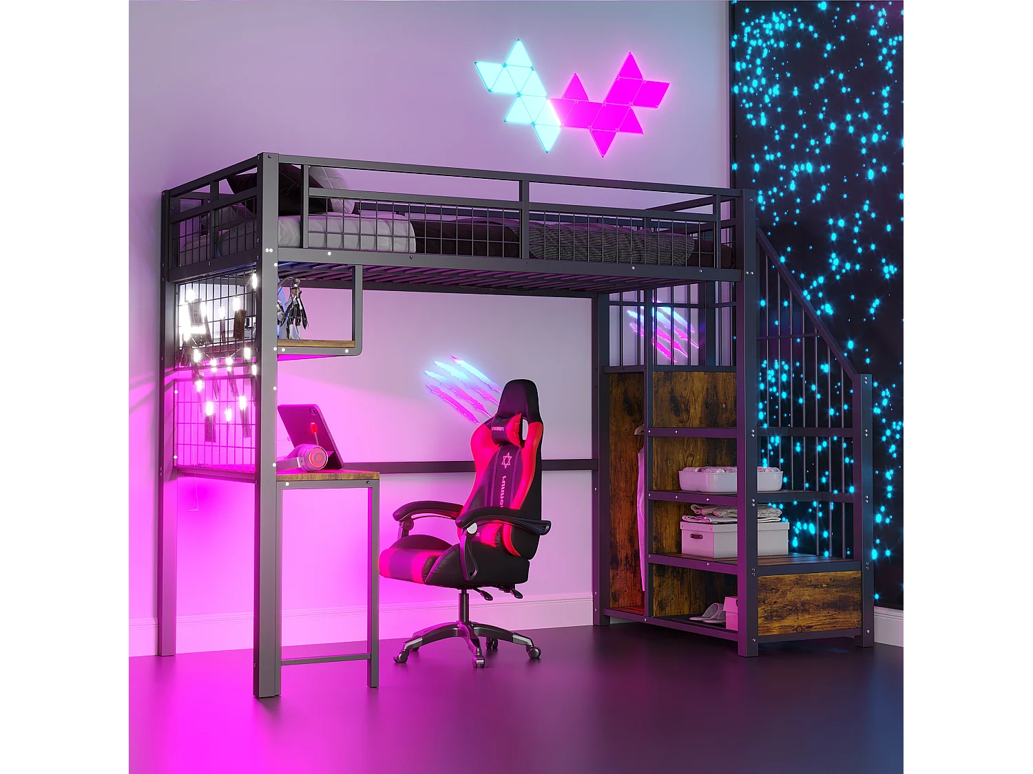 Lit mezzanine en métal - 90 x 200 cm - avec Leds + prise + échelle de rangement + bureau + étagère - métal - noir